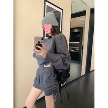 学院风长袖毛衣外套设计感抽绳针织短裤女2025秋冬时尚厚套装ins