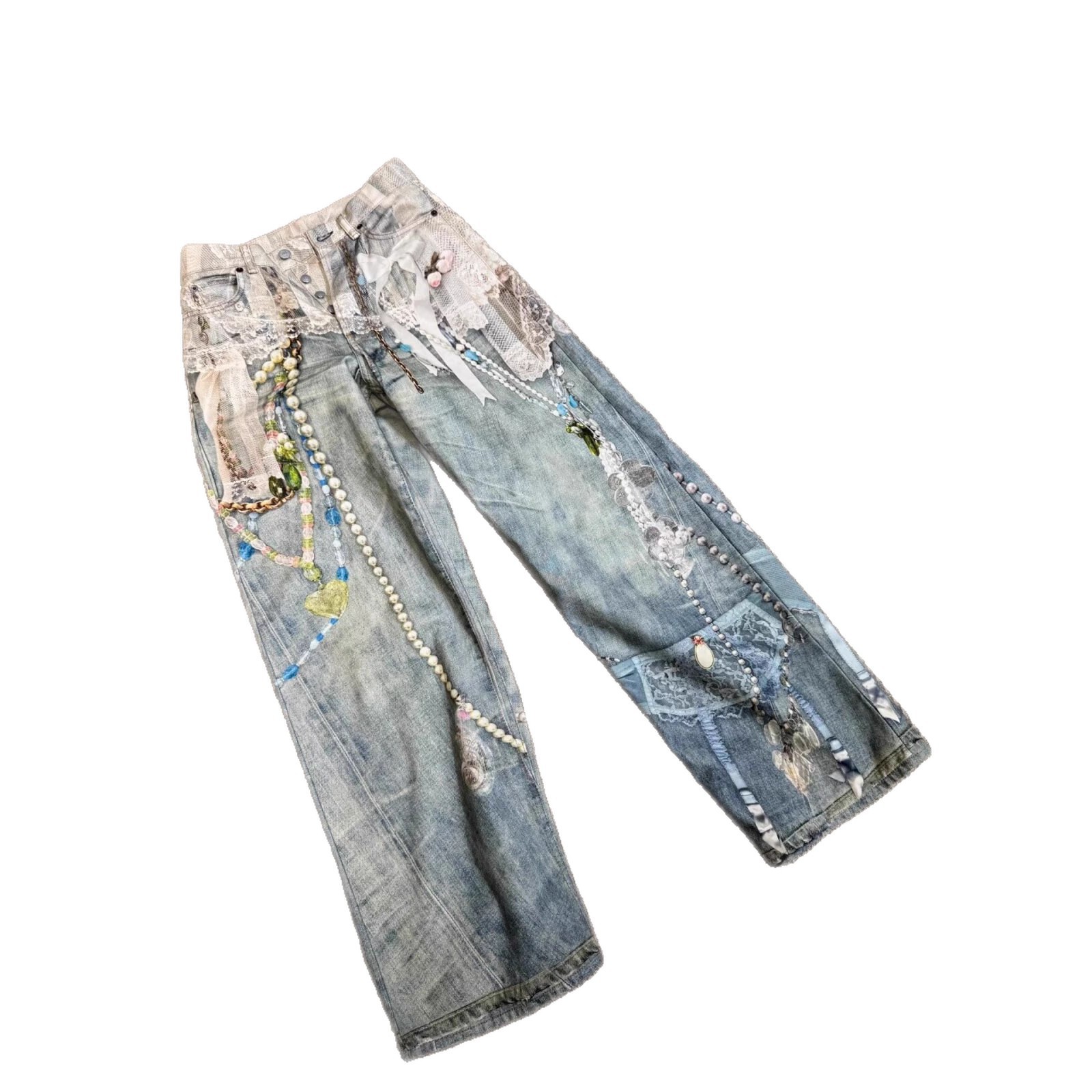 High Version~ A New 3D Printing Three-dimensional Lace Pearl Heavy Industry Printing Scimitar Straight Jeans Trousers_ecoleips.com