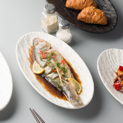 Restaurant hotel Japanese rock texture oval fish plate large household braised steamed fish plate light luxury western food plate tableware