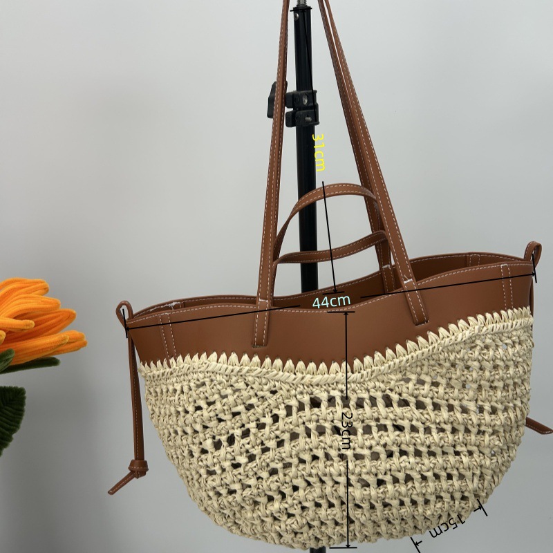Niche Design Casual Straw Woven Tote Bag For Women New Leather Splicing Woven Bag Summer Beach Vacation Handbag - Thumbnail 4