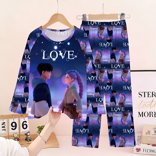 Wholesale Southeast Asia children's pajamas, middle and older children's long-sleeved trousers suit, demon hunting girls 'group, little girl cartoon home clothes