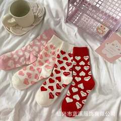 Women's Knee-High Socks Spring and Autumn Red and Pink Heart Socks Instagram College Style Trendy Versatile Zhuji Socks Wholesale