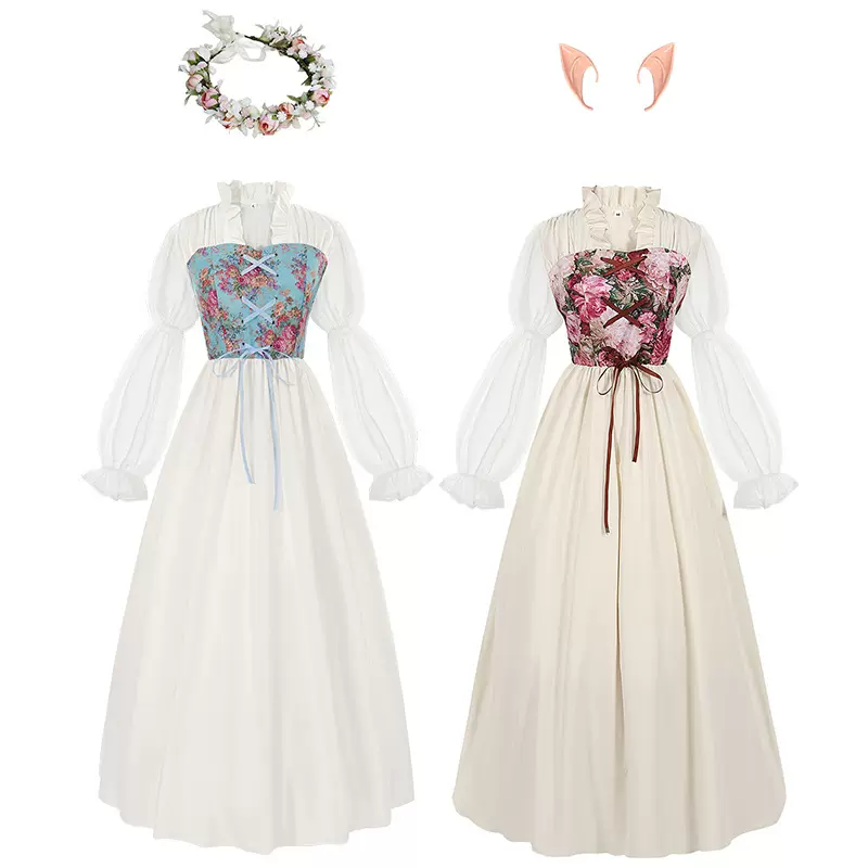 宫廷风跨境外贸2024早春中世纪复古连衣长裙系带束腰舞台服装