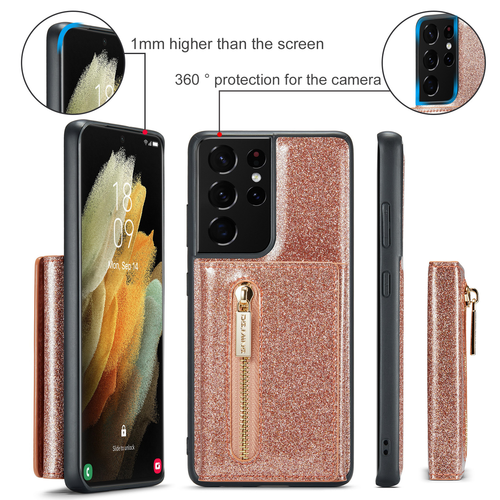 M3 per Samsung S21 Ultra 2 in 1 custodia in pelle glitterata con ventosa magnetica custodia per telefono diviso custodia protettiva portafoglio S21_voghion.com