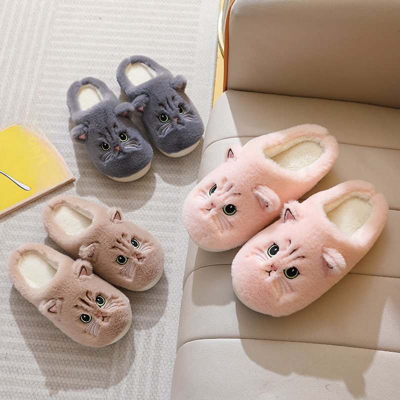 New autumn and winter cotton slippers men and women couple cartoon kitten indoor plush slippers home warm_voghion.com