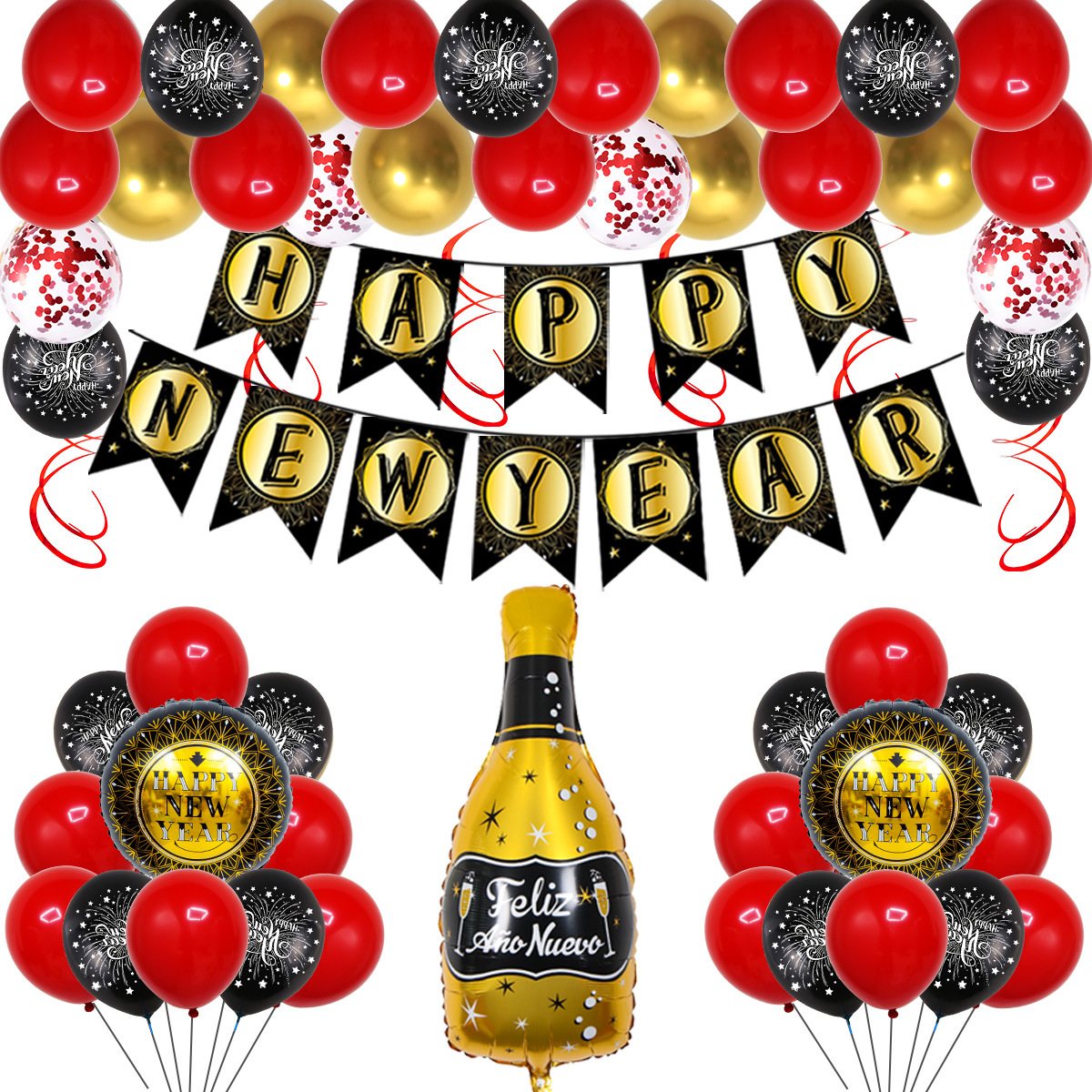 Traje de cadena de globos de Año Nuevo transfronterizo decoración de vacaciones diseño de ambiente feliz año nuevo Bandera de Año Nuevo