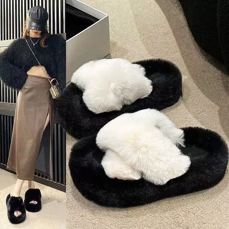 网红厚底毛毛拖鞋女外穿新款秋冬时尚轻奢高级感软底百搭棉拖鞋女|undefined