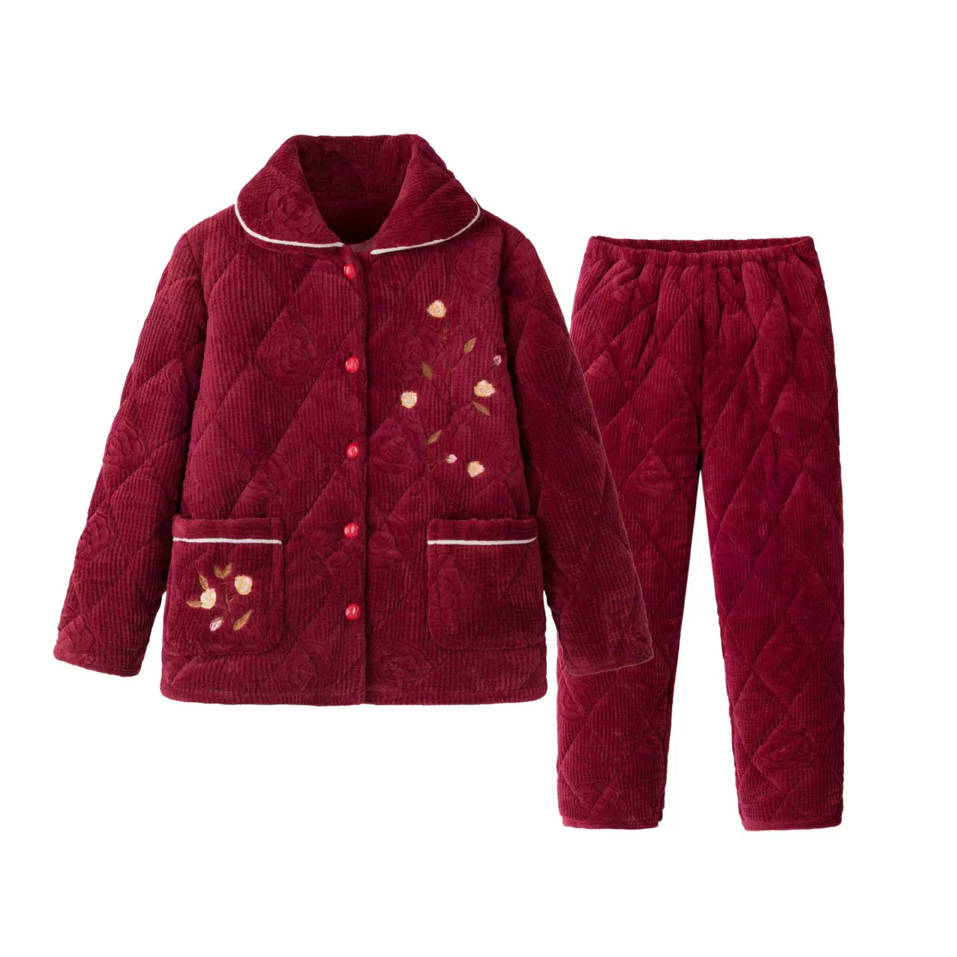 中老年睡衣女冬季三层法兰绒夹棉中年妈妈保暖家居服套装加厚保暖