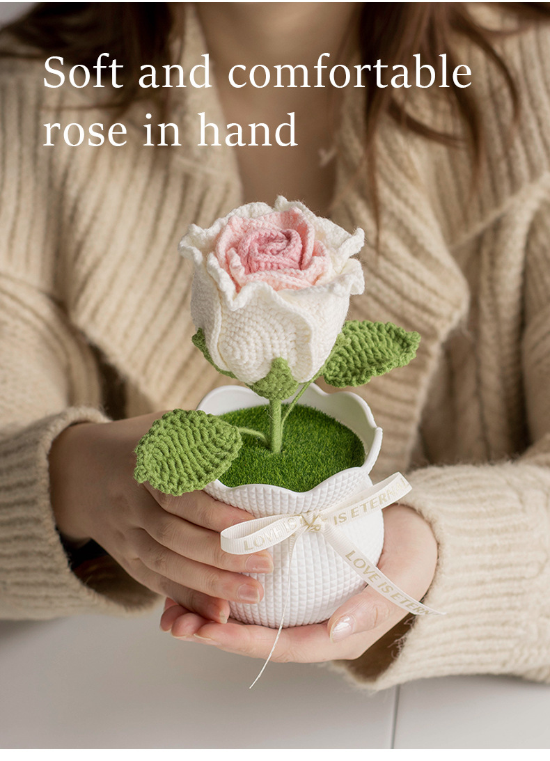 Ready-made hand-knitted rose artificial flower potted plants, office desktop potted plants, knitted flower ornaments, artificial flowers wholesale pic 10