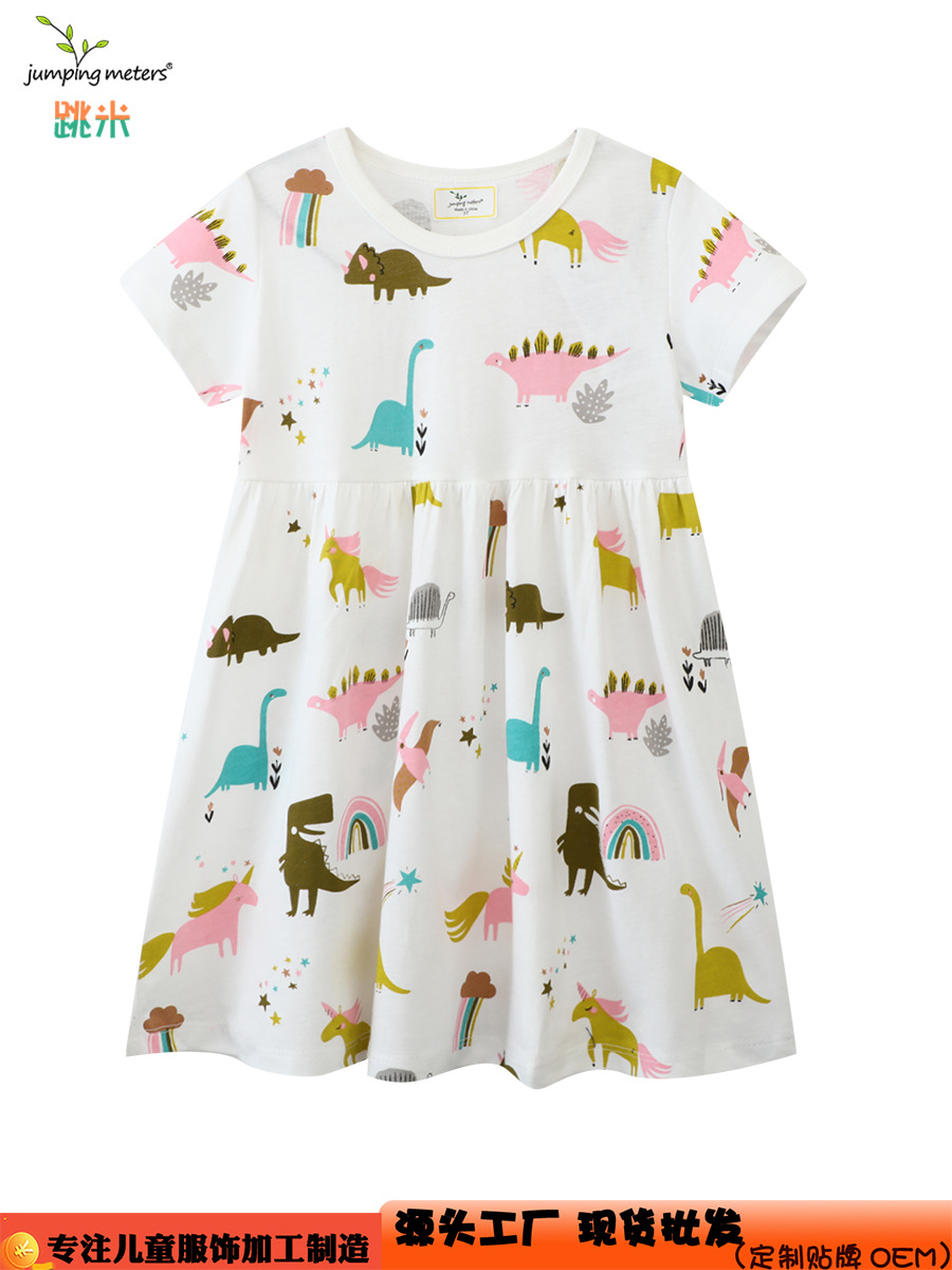 Summer European and American style cartoon children's princess skirt short sleeve cotton dinosaur pattern girls dress distribution