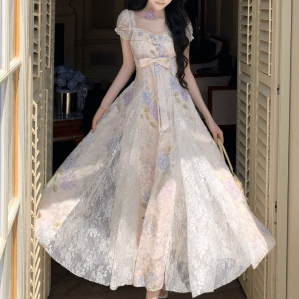 2026 Endless Summer Light Purple Floral Lace Dress with Square Neck, Puff Sleeves, Bow Tie Waist, and Flared Skirt