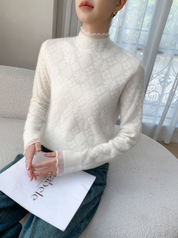 时尚秋冬新款山羊绒女半高领提花打底衫宽松显瘦毛衣内搭羊毛上衣|undefined