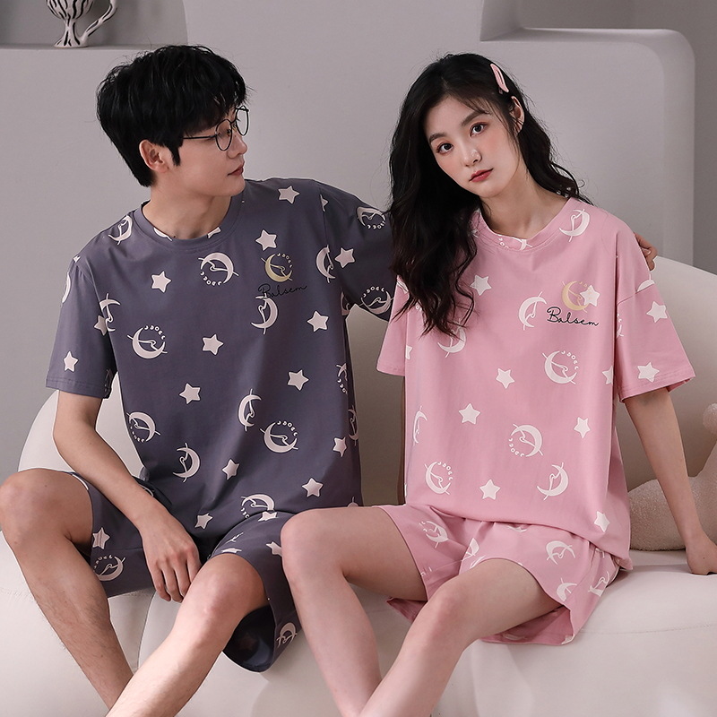Venta al por mayor pareja pijamas de verano de las mujeres traje de manga corta de algodón Delgado coreano casual hombres y ropa de casa de las mujeres se puede usar fuera