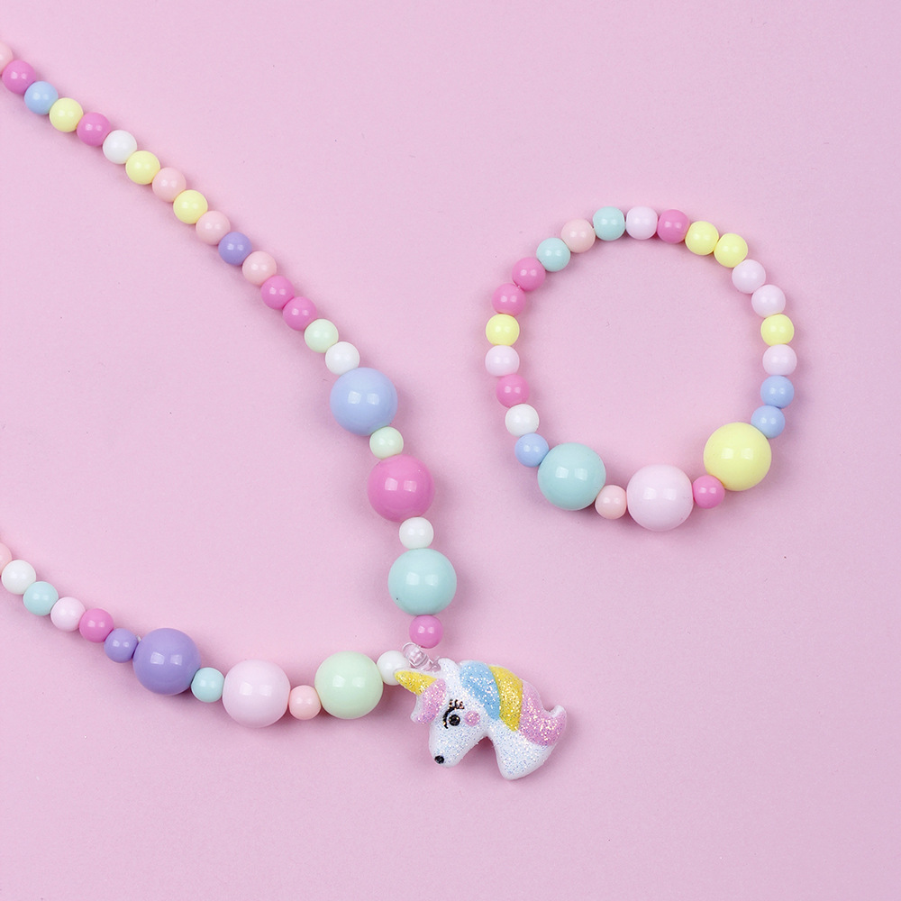 Cute Unicorn Plastic Beaded Resin Bracelets Necklace 1 Set