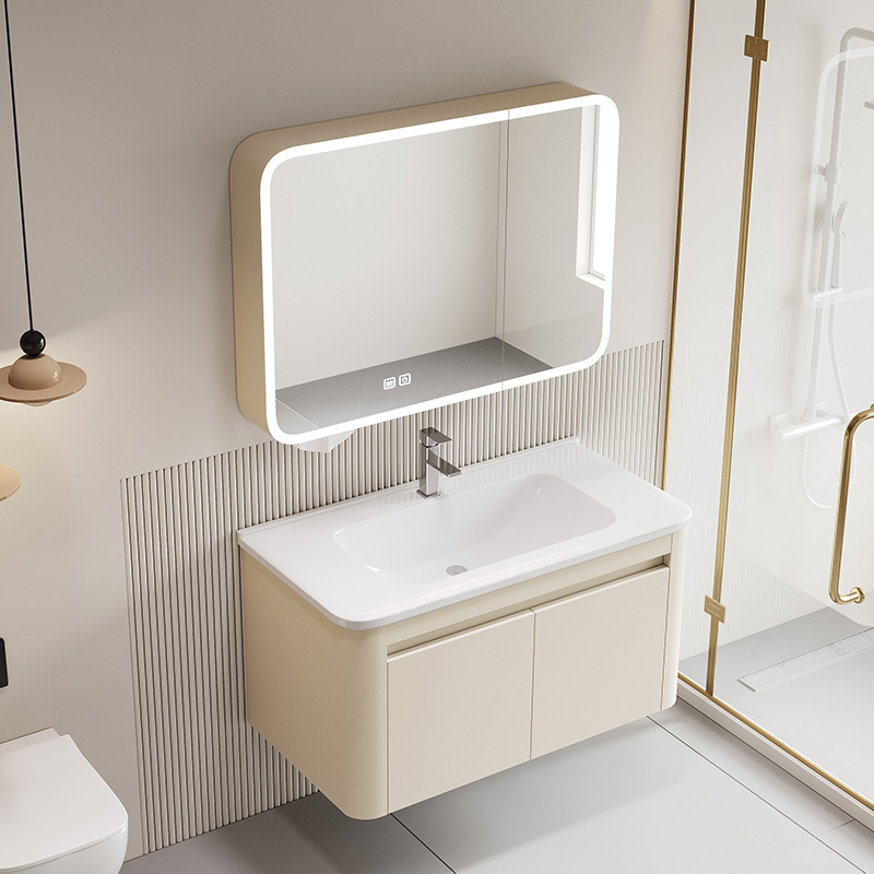 gabinete de baño de panal de aluminio espacial de pared combinado en una bañera de cerámica lavabo de mano lavado de cara gabinete de espejo inteligente