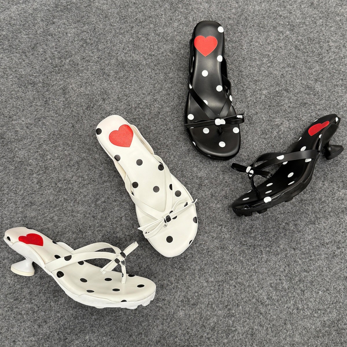 French Style Heart Pattern Polka Dot Bow Toe Post Flip Flops_voghion.com