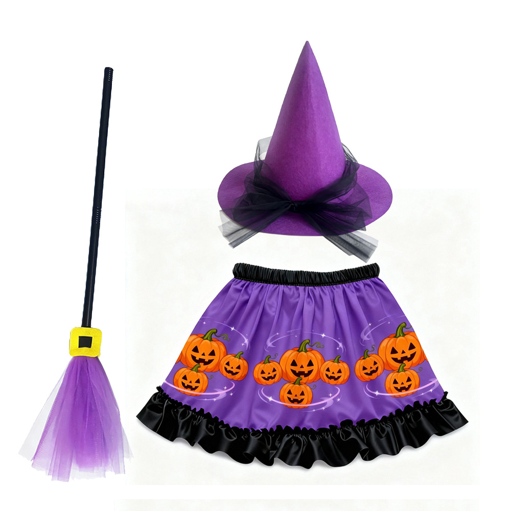 European and American Halloween printed tutu skirt set witch broom hat masquerade party costume dress-up props
