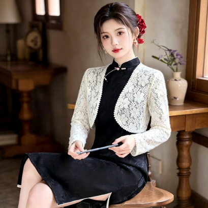 Cheongsam outerwear shawl cape, summer thin lace pearl retro new Chinese style, paired with skirt, cardigan, small jacket