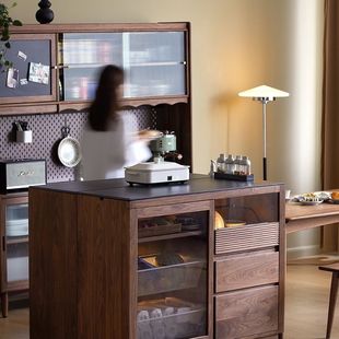 Nordic Simple Black Walnut Rock Board Island Table Full Solid Wood Bar Table Kitchen Cooking Table Sideboard Display Cabinet