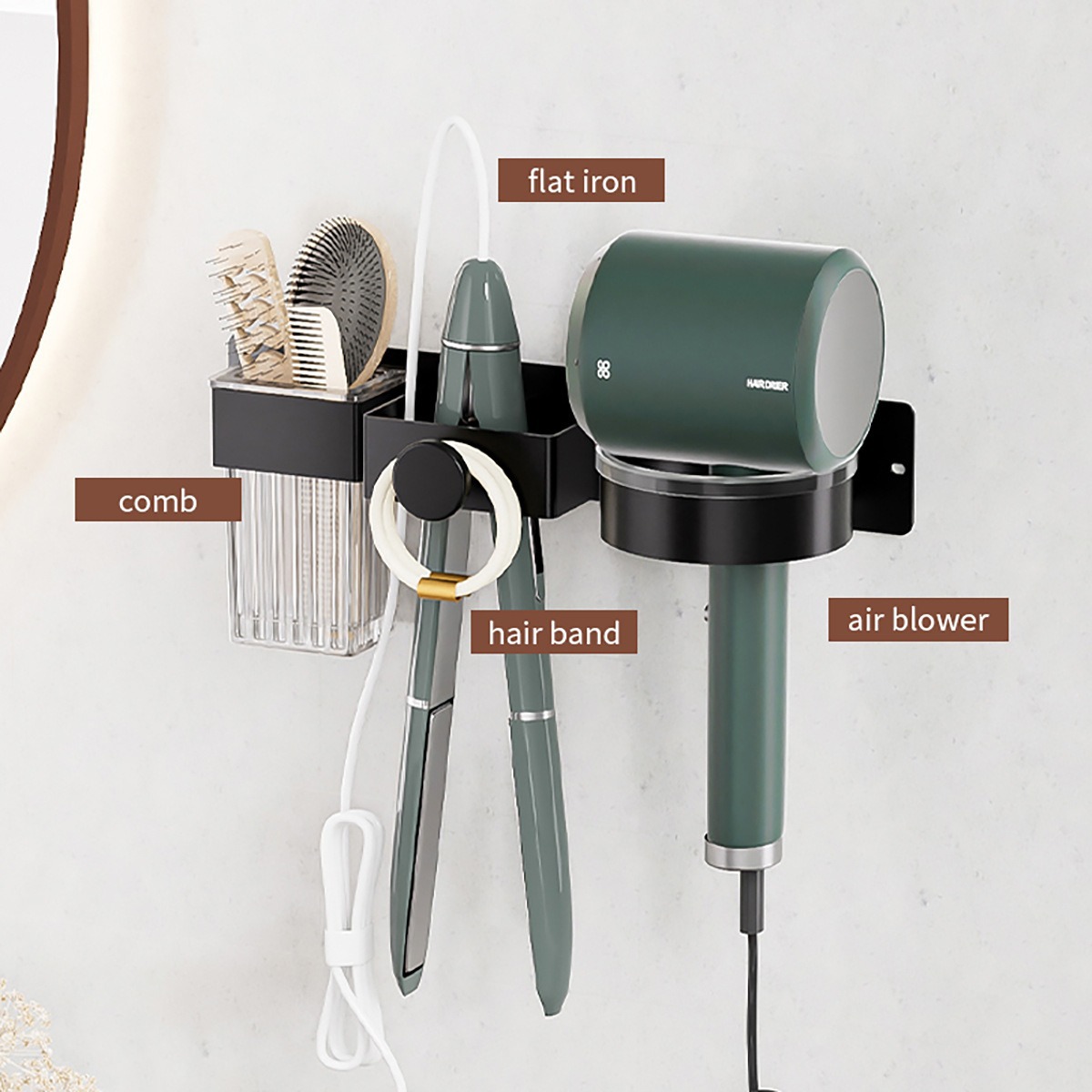 Soporte para secador de pelo Soporte de tubo de aire sin perforación para baño Peine multifunción Soporte para rizadores Soporte para secador de pelo