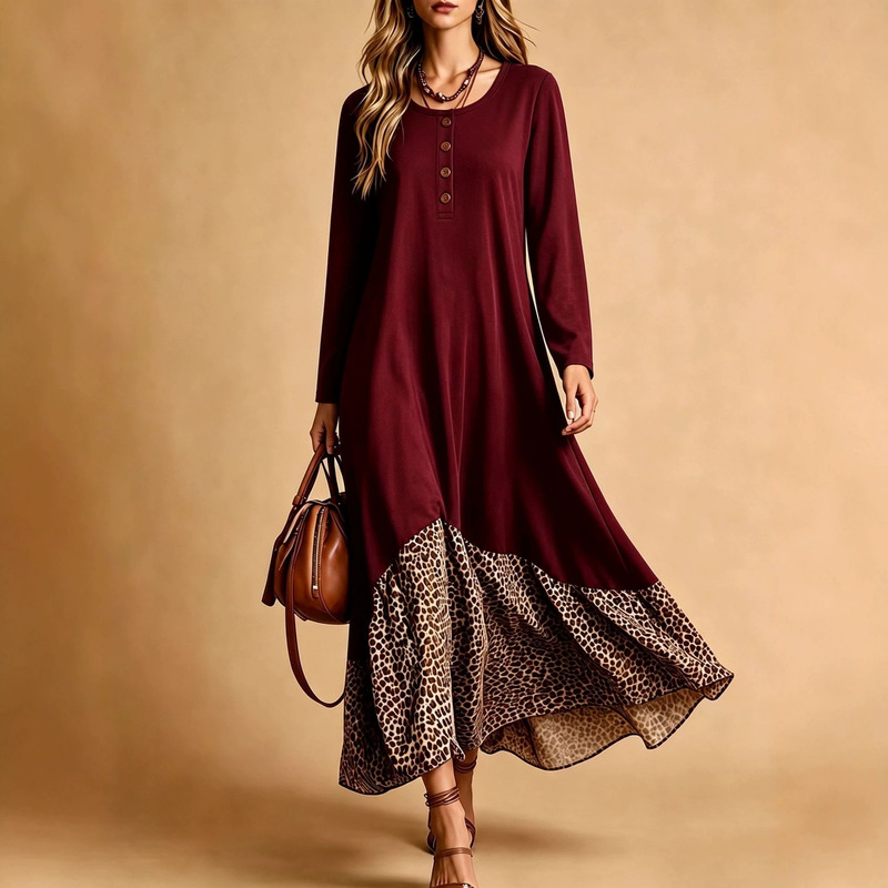 European and American Cross-Border Autumn Style Round Neck Henley Long-Sleeve Dress with Leopard Print, Loose Casual Foreign Trade Style A-Line Dress European and American Cross-Border Autumn Style Round Neck Henley Long-Sleeve Dress with Leopard Print, Loose Casual Foreign Trade Style A-Line Dress