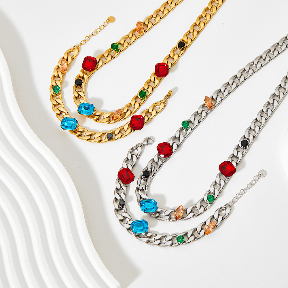 Fashion Geometric Stainless Steel Rhinestones Bracelets Necklace 1 Piece