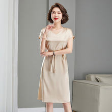重磅真絲連衣裙2023新款夏季時尚洋氣純色氣質V領系帶桑蠶絲裙子
