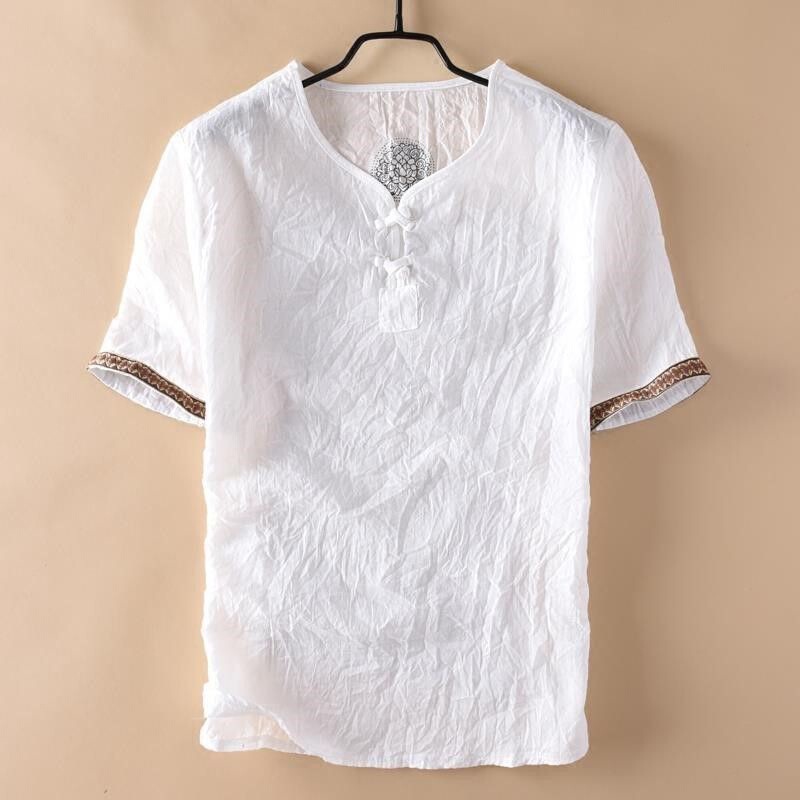 Chinese Style Buckle Imitation Linen Short-sleeved T-shirt Men's Thin Casual Pleated Old Imitation Cotton Linen Men's T-shirt