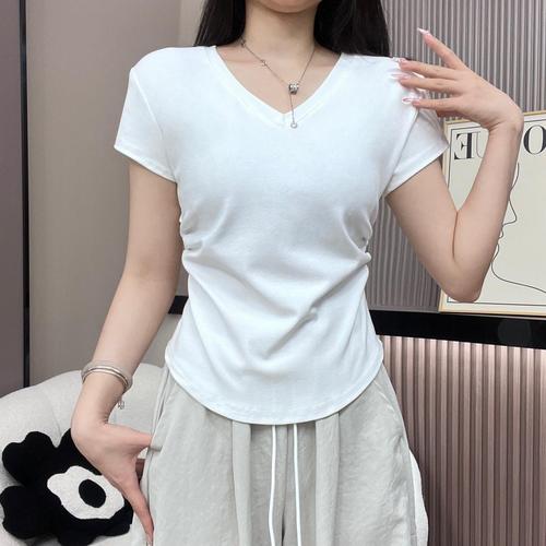 Slim-fitting shoulder T-shirt for women 2024 new short-sleeved design niche summer v-neck solid color American retro top