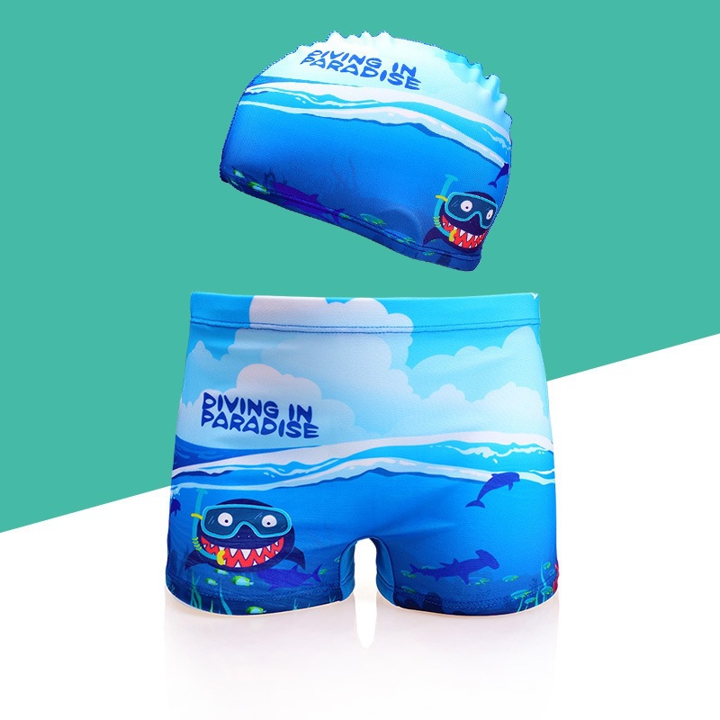 Children's Swimming Trunks, Boys' Swimsuits, Cartoon Boxer Quick-Drying Kidsren's Baby Swimming Cap Sets, Small and Medium-Sized Kidsren's Boys' Hot Springs