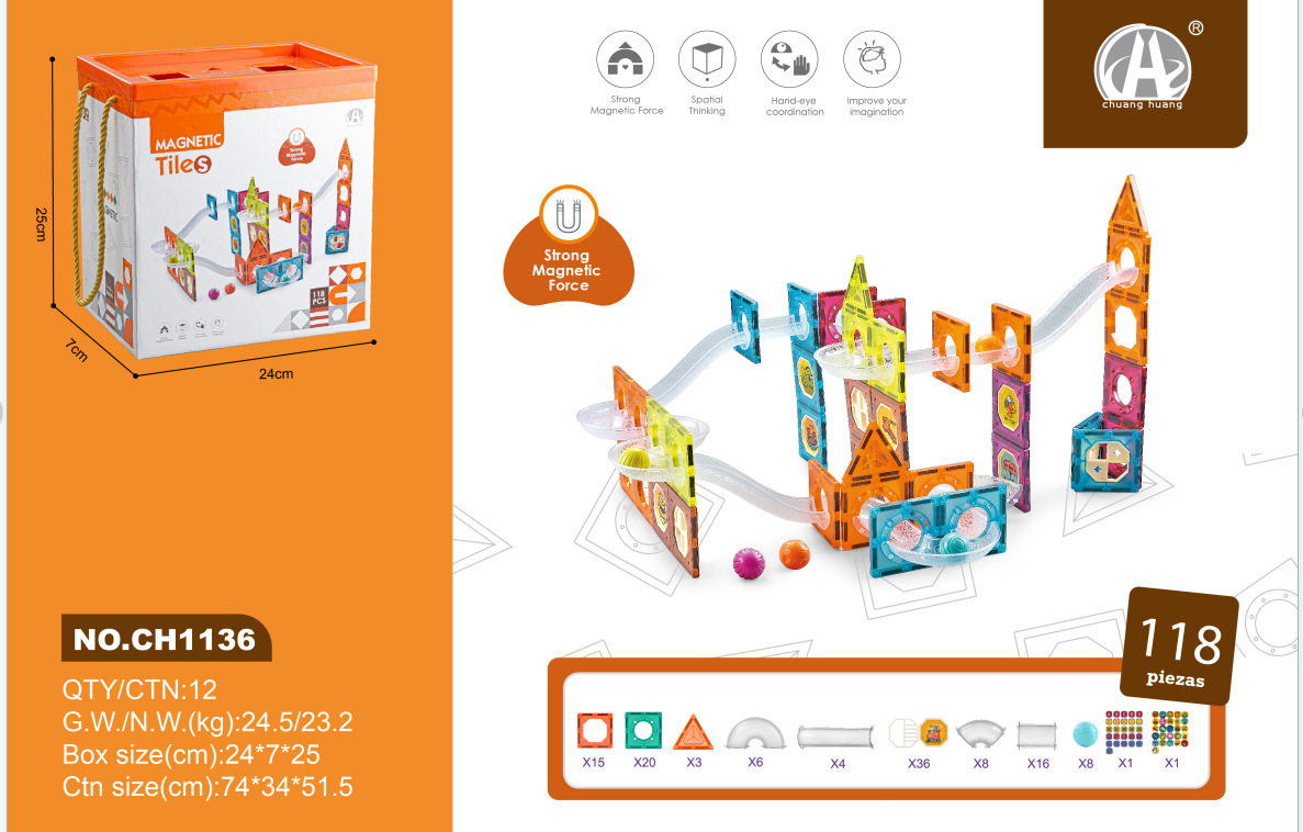 7.5CM 투명 트랙 볼 마그네틱 빌딩 블록 118PCS