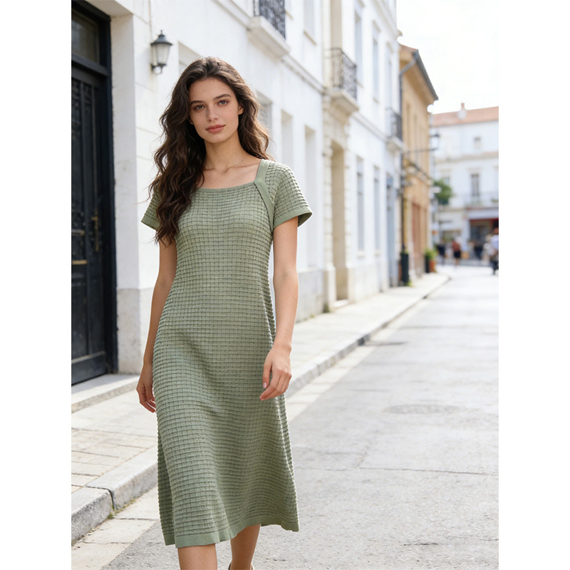 Cross-Border Spring and Summer Ice Silk Square-Neck Short-Sleeved Knitted Dress, New Style, Versatile, Loose, High-Waisted Long Skirt