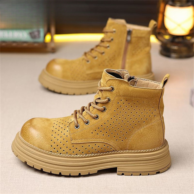 Big Yellow Boots Spring and Summer High-Top Hollow-Out Martin Boots for Men, Thick-Soled Height-Increasing Side Zipper Work Boots, Breathable Men's Shoes