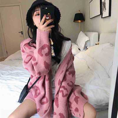 韩版豹纹慵懒风宽松毛衣女外套秋冬跨境新款休闲撞色针织上衣开衫|undefined