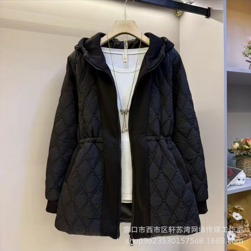 韩版收腰显瘦休闲外套胖妹妹大码女装秋冬新款宽松连帽菱格棉服