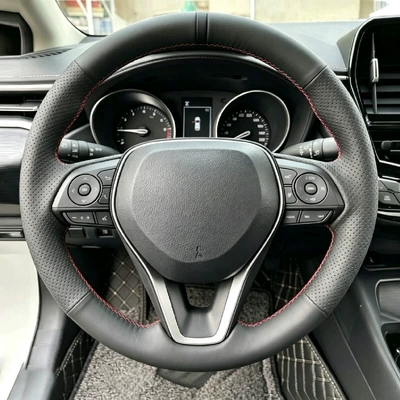 hand-sewn steering wheel cover, Steering wheel cover - toyota-series-with-holes-on-both-sides-black-alignment-mark-black-line-38cm