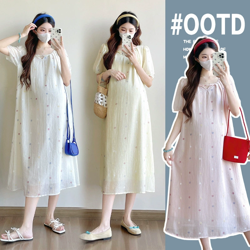Летнее модное длинное милое платье для беременных, oversize, цветочное, французский стиль, средней длины