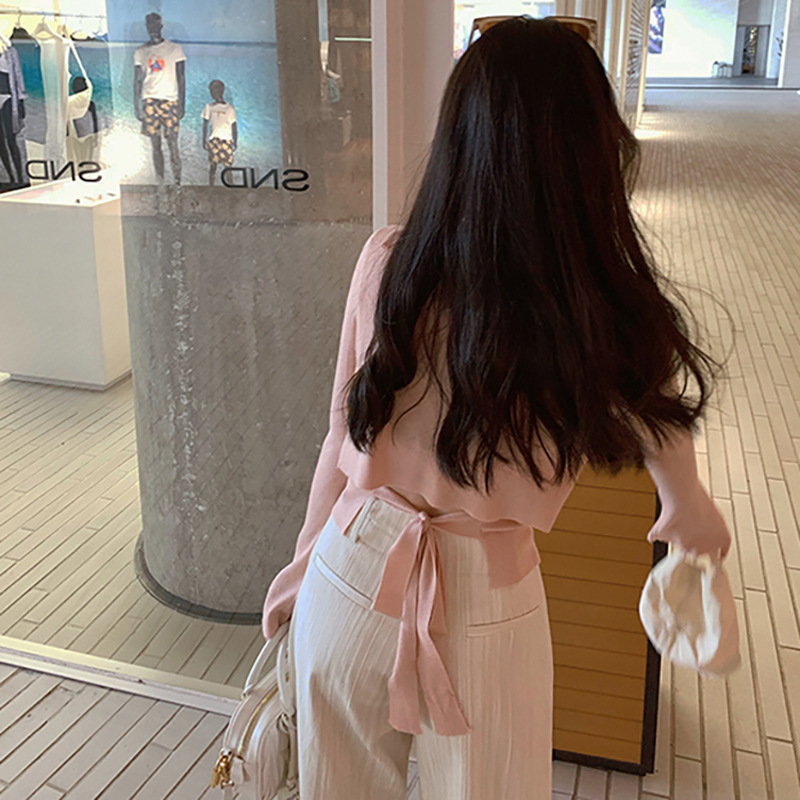 Soft and Delicate Bell-Sleeve Back-Tie Wool Knit Women's Long-Sleeve Cardigan Top Jacket Autumn Solid Color