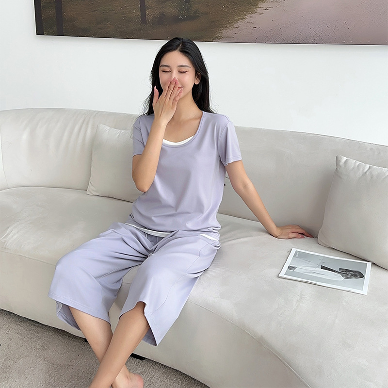 Summer Pajamas for Women, Modal Short-Sleeved Cropped Pants, 2026 New Style, Large Size, Thin, Summer Loungewear with Chest Pads