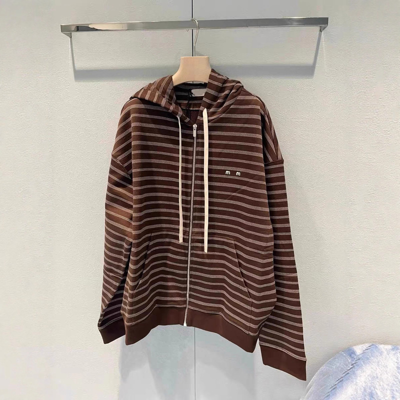 Mm25 Autumn and Winter New Retro Brown Stripesd Cotton Hooded Sweatshirt Jacket Casual and Versatile