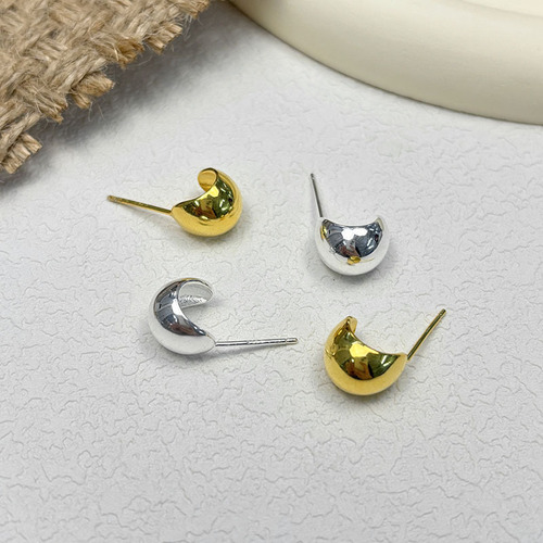 s925 sterling silver small curved bean earrings for women ins retro Hong Kong style light luxury high-end small silver bean C-shaped earrings