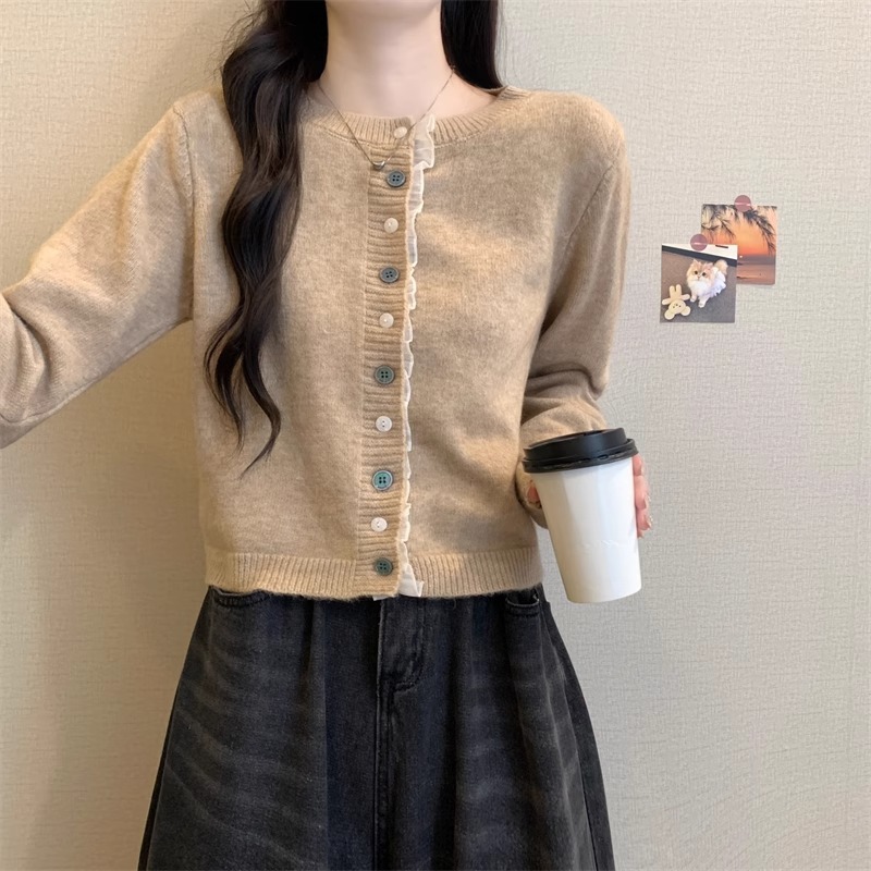 Cárdigan de punto con diseño de costura de encaje coreano 2025 primavera y otoño nuevo estilo suave y ceroso pequeño suéter abrigo mujer image 4