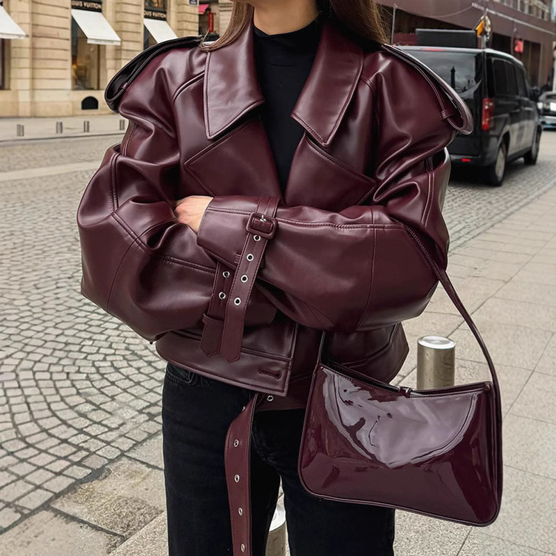 Real Shot - Autumn and Winter Burgundy Pu Lapel Women's Leather Jacket European and American Cross-Border Adjustable Cuffs Retro Motorcycle Jacket