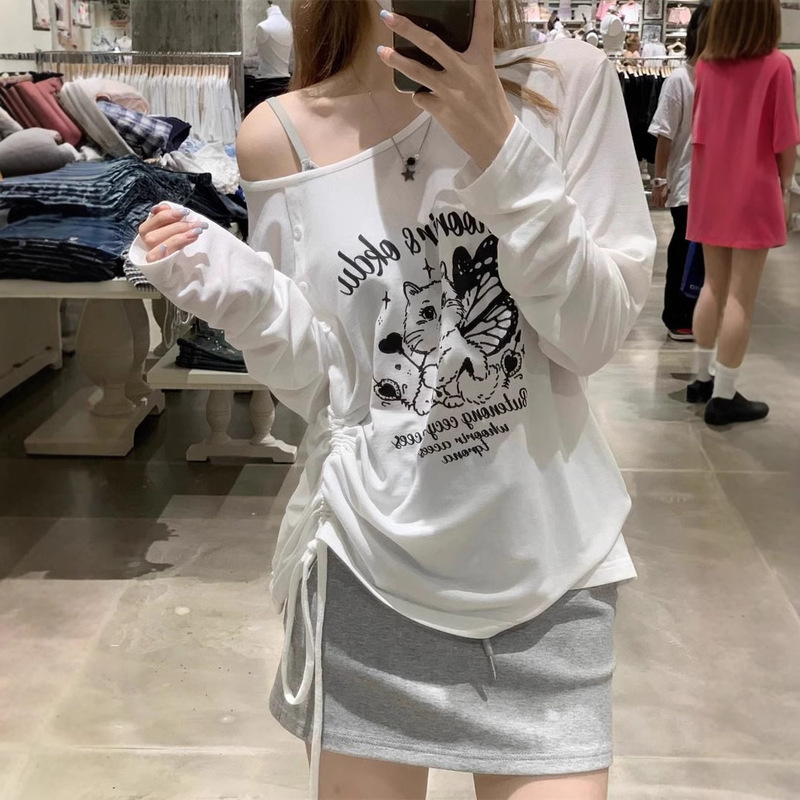 [Factory in stock] Original Tencel Rib Cat Print Shoulder T-Shirt Women's Thin Sunscreen Blouse Top