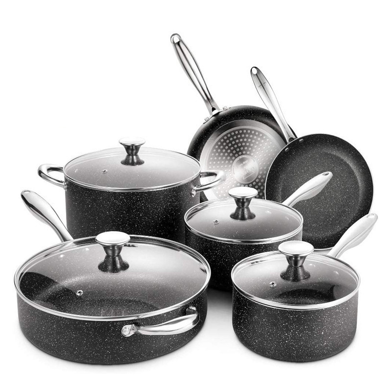 Amazon proceso de disparo de aluminio recubrimiento de mármol antiadherente conjunto de utensilios de cocina de cobre de fondo doble para el hogar