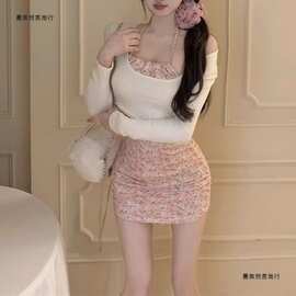 夏季纯欲甜辣妹两件套装女挂脖吊带碎花连衣短裙防晒罩衫新品包臀