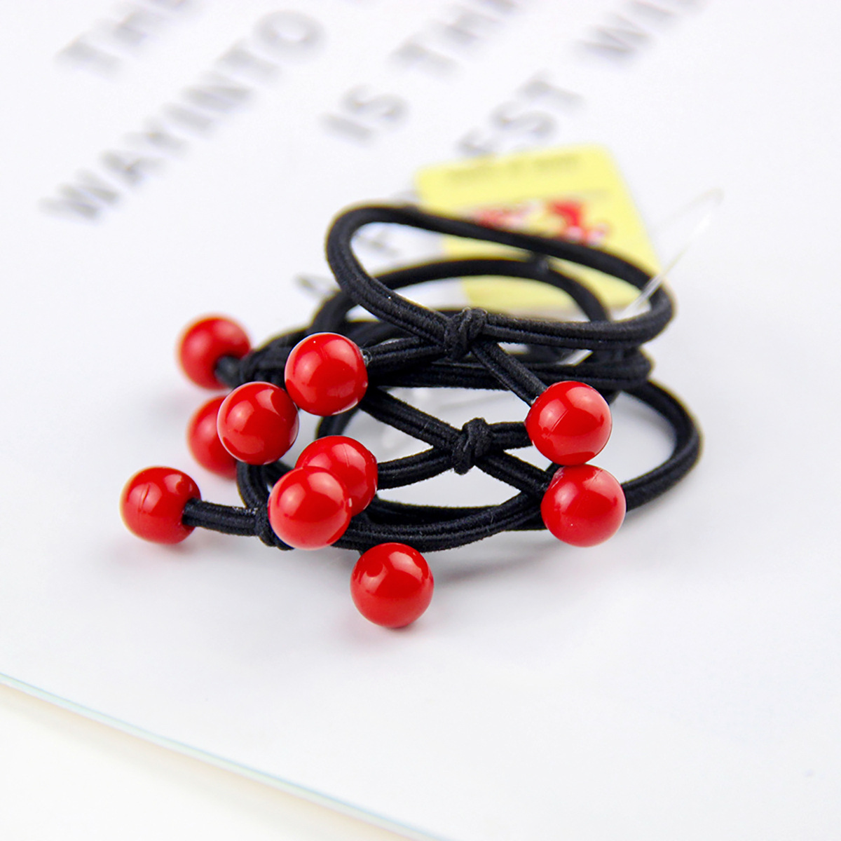 Año Nuevo rojo festivo cuentas de doble cabeza para niños linda cola de caballo banda de goma alta elástica anudada cuentas pegajosas banda de pelo 5 Pack