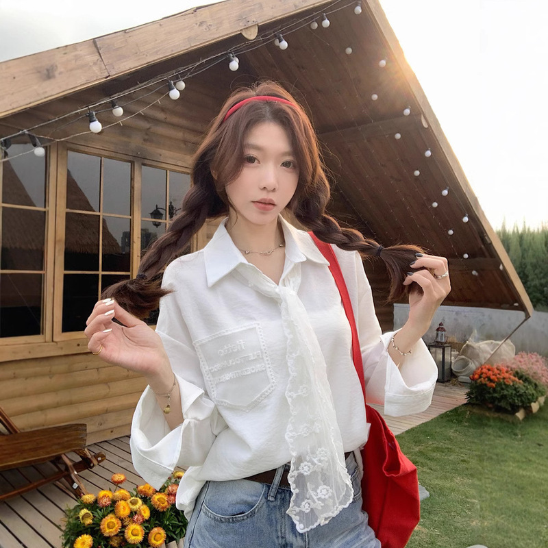 Lace Tie Sweet Pink Long-Sleeved Shirt for Women 2025 Spring New Fresh Fashion Design Shirt Cardigan