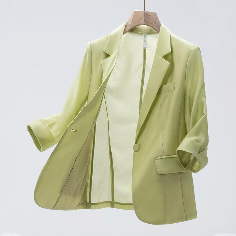 Green Tulle Suit Jacket for Women Summer Thin Tencel Sun Protection Top High-End Three-Quarter Sleeve Casual Suit