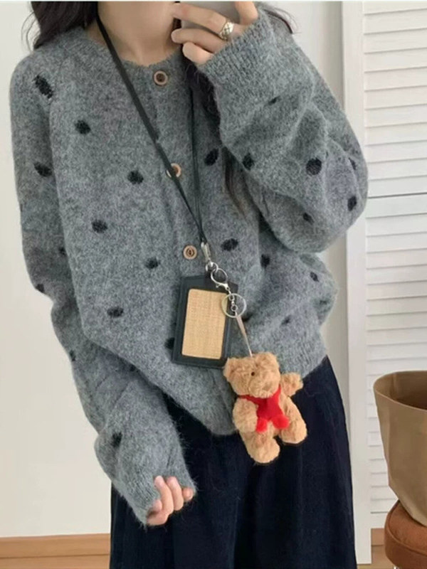 波点针织开衫毛衣女2025新款秋冬宽松休闲慵懒风针织衫外套女上衣|undefined